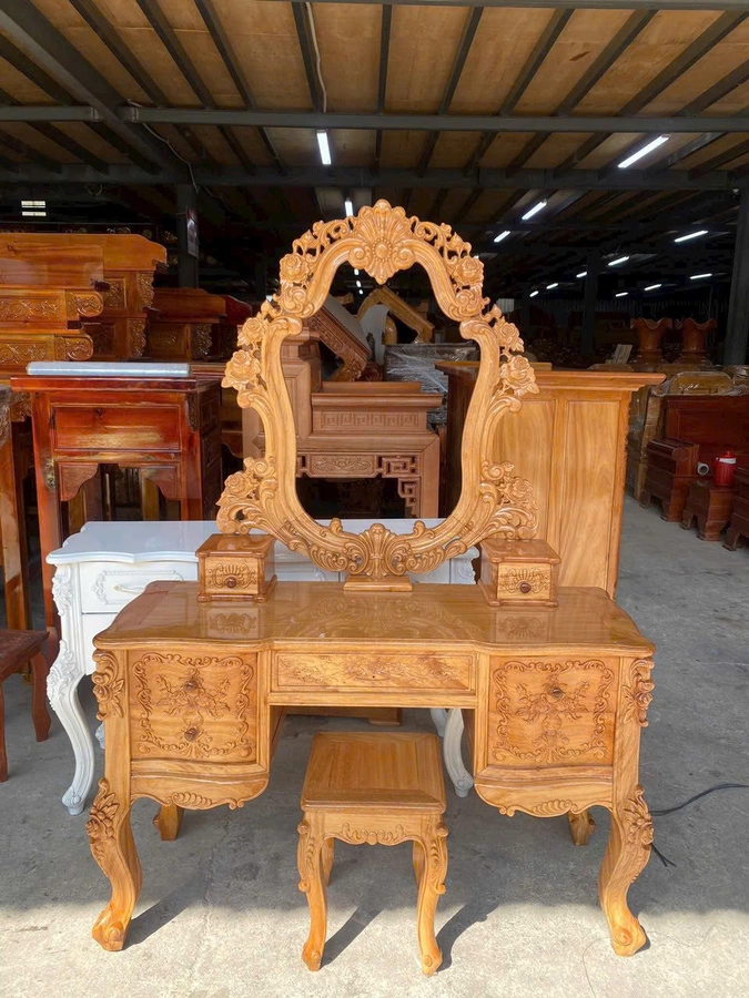 Bộ bàn trang điểm gỗ chân cao, gương phong cách cổ diển